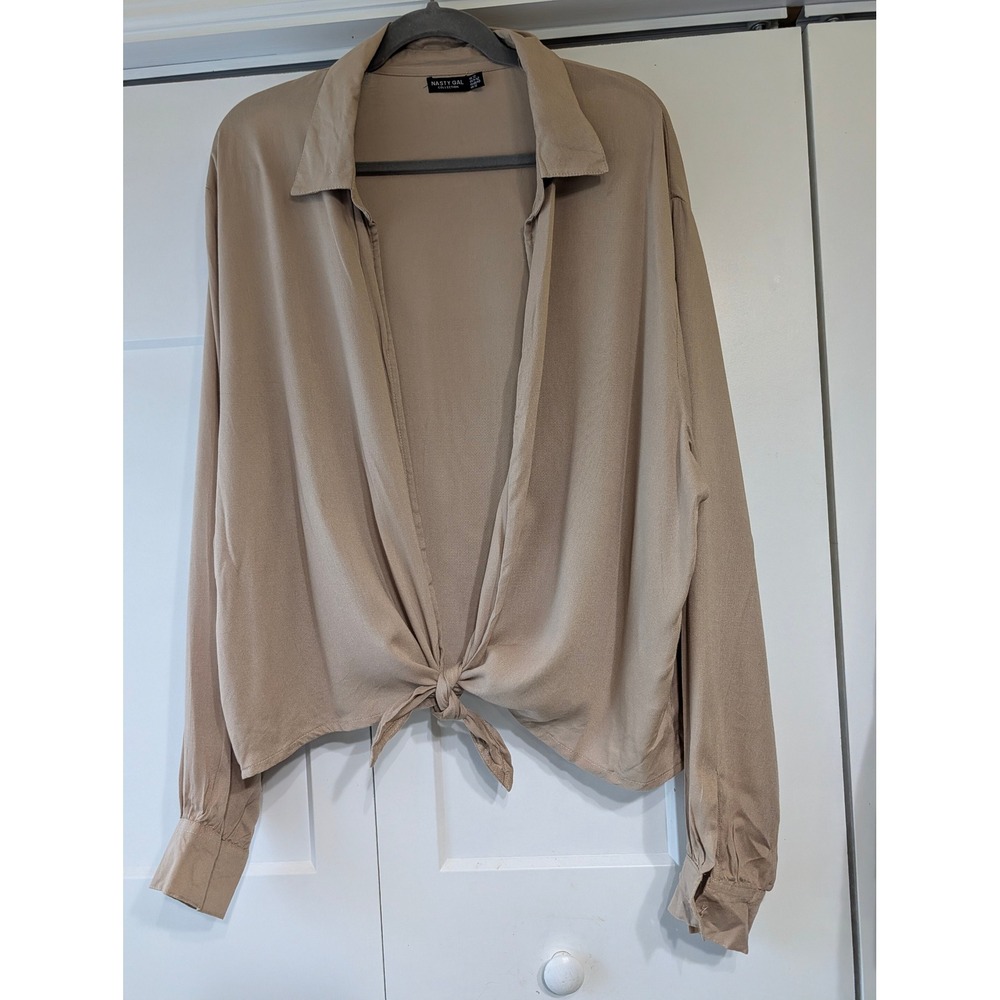 Nasty Gal Collection Tan Tie Front Long Sleeve Viscose Blouse Top US 12